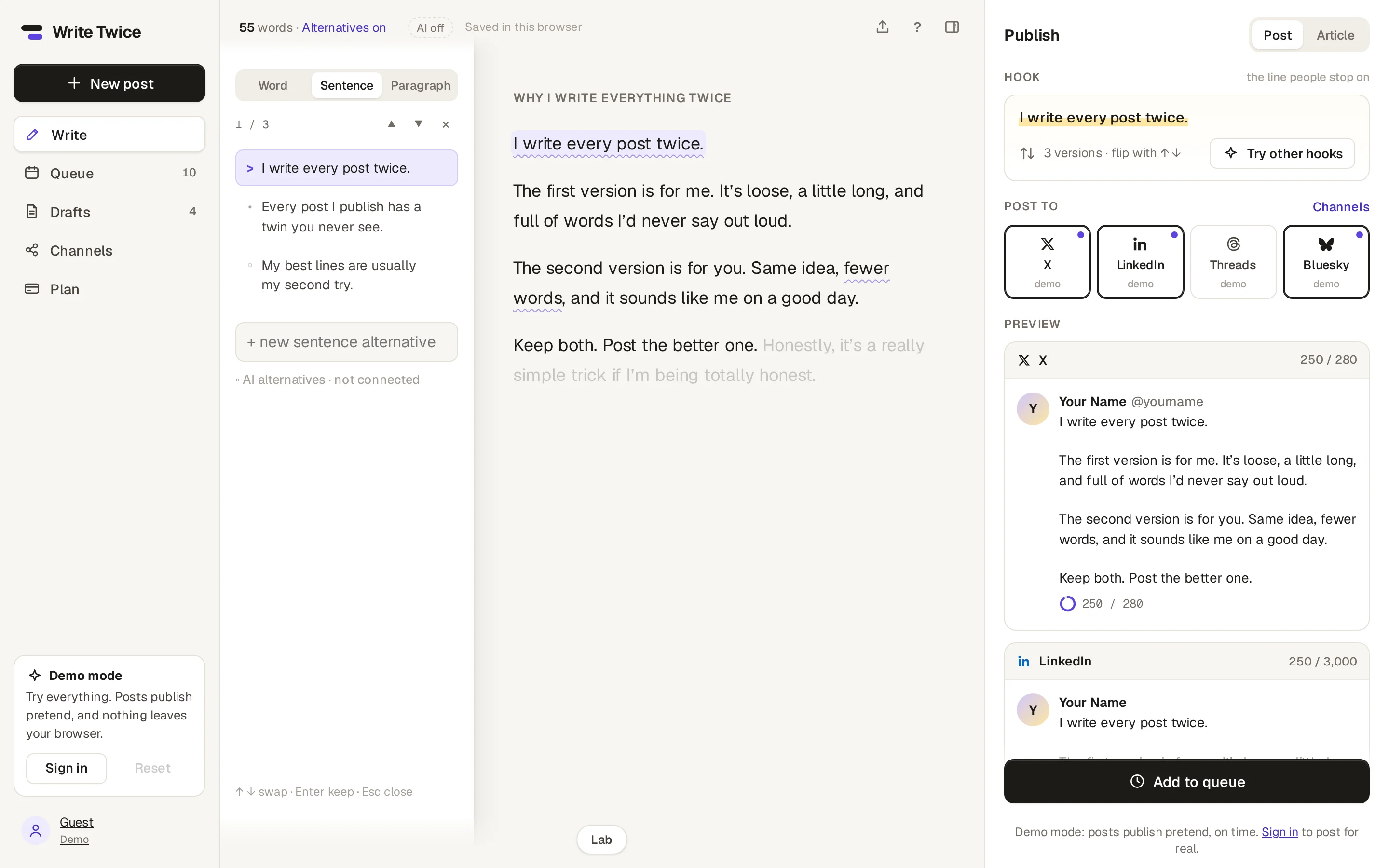 The Write Twice editor with a draft on the left, hook alternatives highlighted, and live previews for X, LinkedIn and Bluesky with character counters on the right.